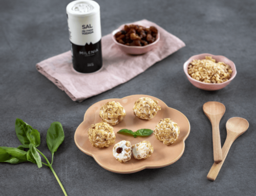 BOLITAS DE QUESO DE CABRA RELLENAS DE PASAS Y SAL DE MESA YODADA MILENIA